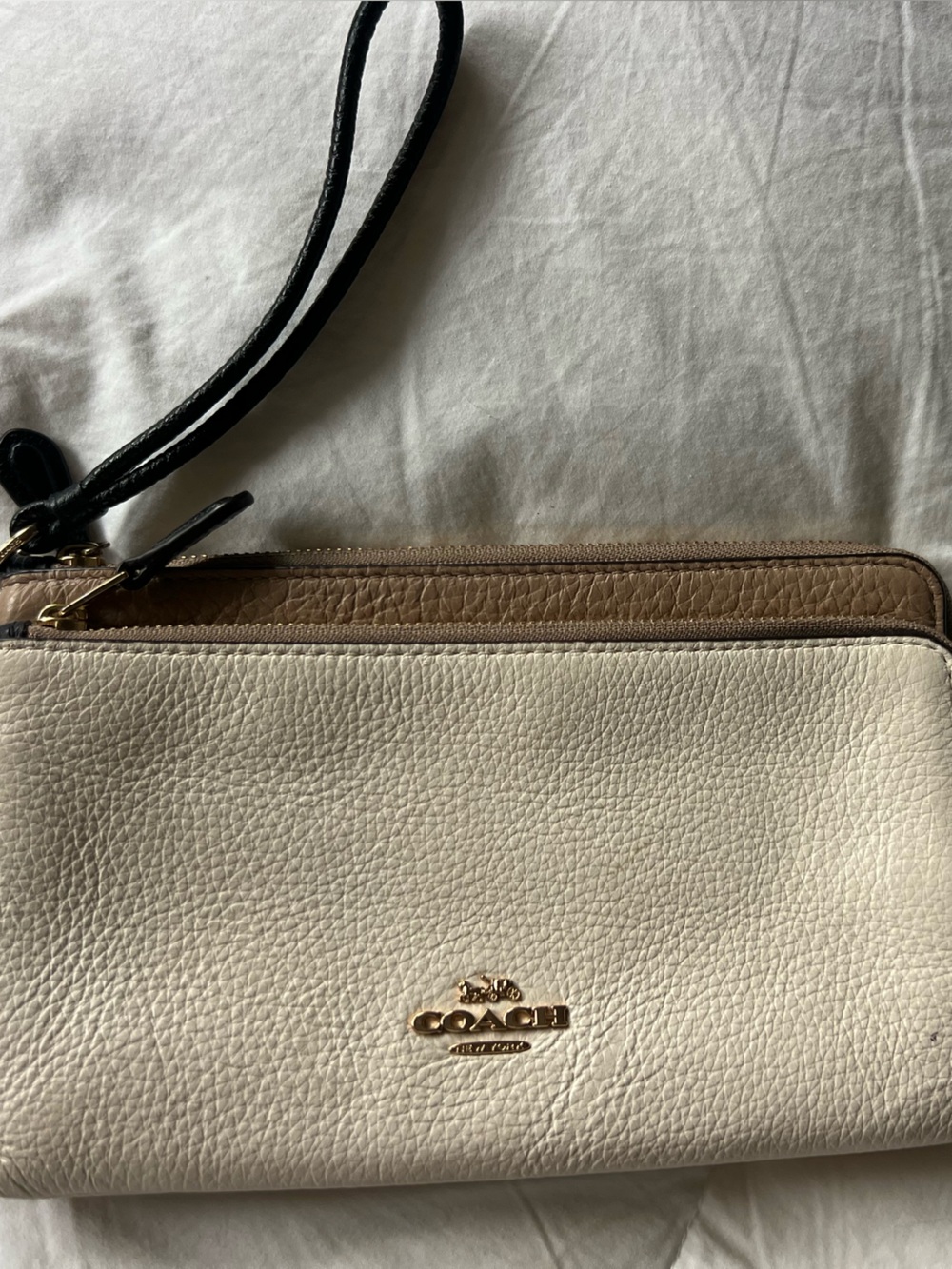 Coach Two-Tone Cream and Tan Pebbled Leather Wristlet